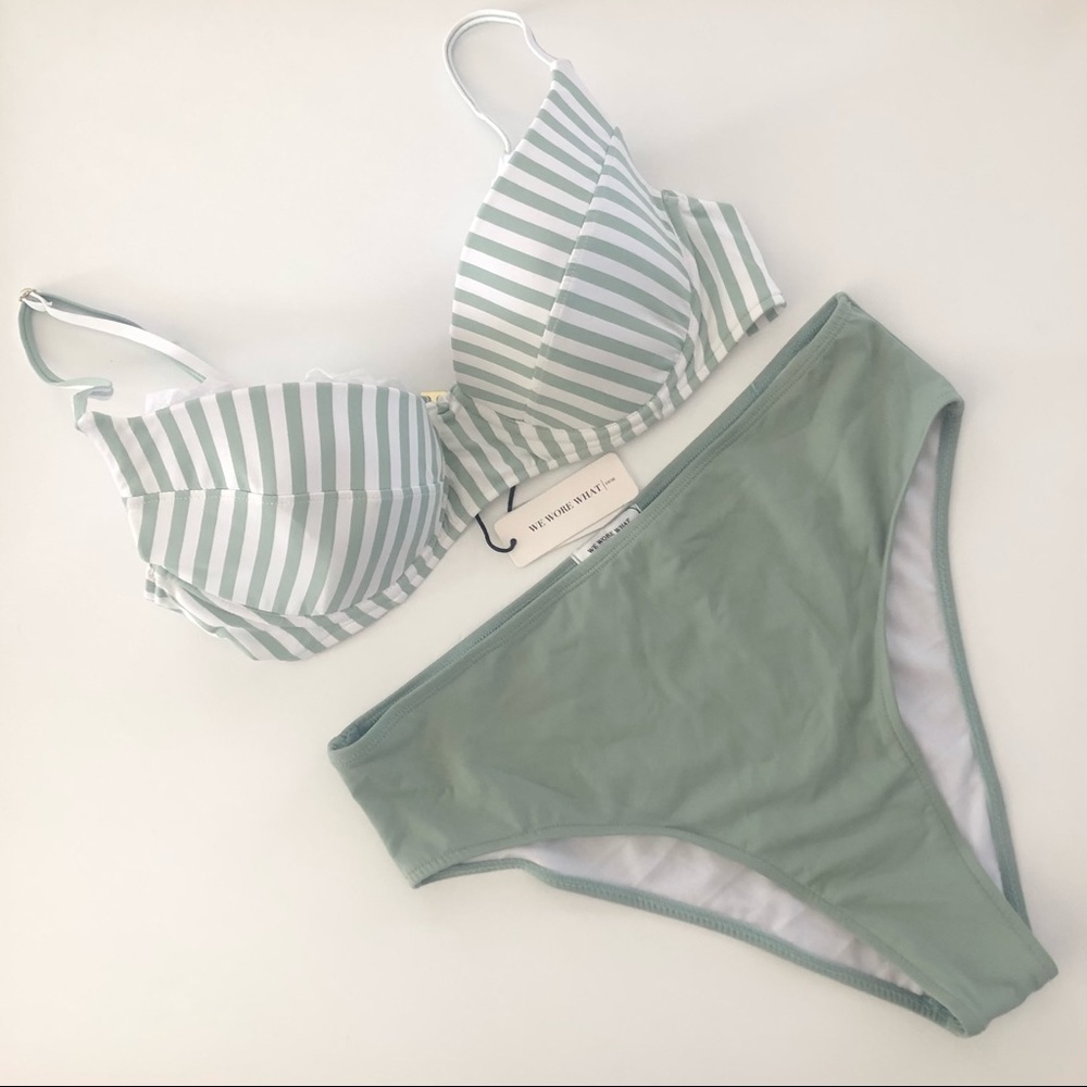 Onia x WeWoreWhat 2pc Bikini Jadeite Striped Lydia Top & Emily Bottom L NWT